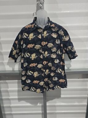 Boca Classics Casual Navy Short-Sleeve‎ Fish Print Button-Down Shirt Size XL